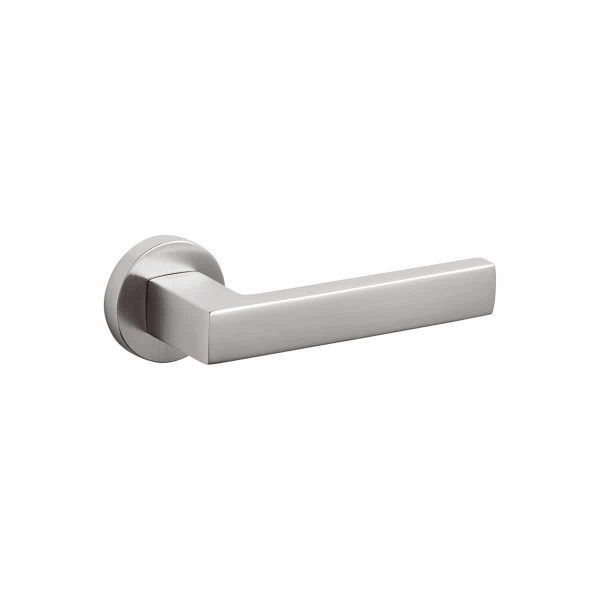 brushed stainless steel lever handle on round rose olivari