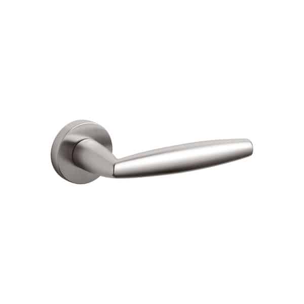 brushed stainless steel lever handle on round rose olivari