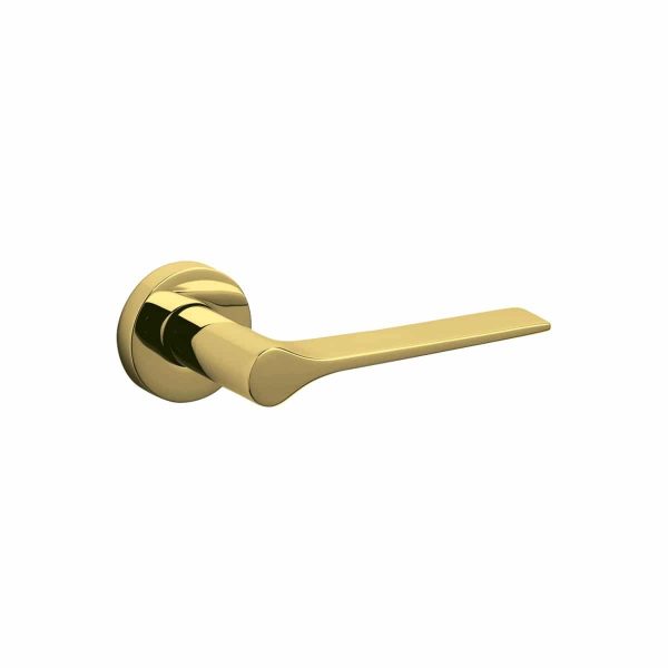 polished brass lever handle on round rose olivari
