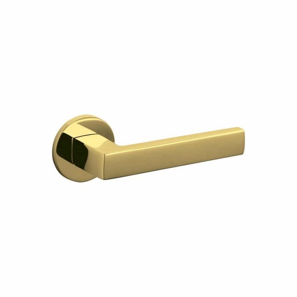 polished brass lever handles on round rose olivari